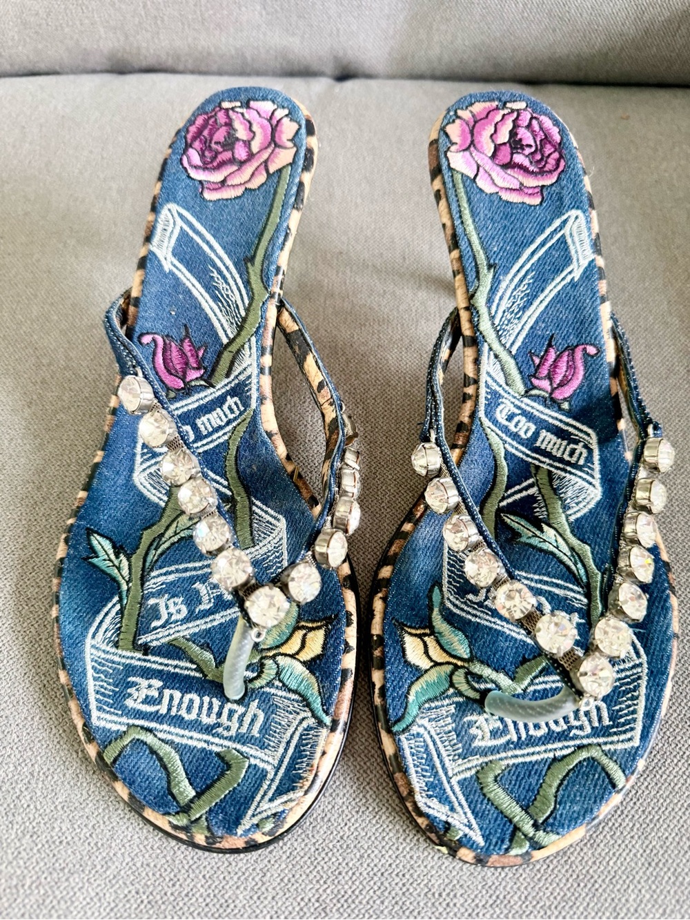 Beverly Feldman Denim Rhinestone Kitten Heel Sandals 9.5M
